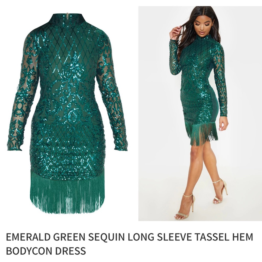 NWT EMERALD GREEN SEQUIN LONG SLEEVE TASSEL HEM DRESS Pretty Little Thing